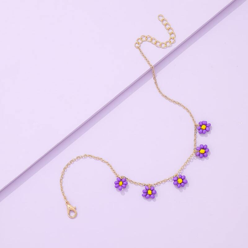 

Floral Beaded Chain Anklet, Purple