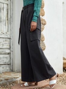 SHEIN Quần Thắt lưng Túi màu trơn Giải trí - Màu xám đen - Xem 1