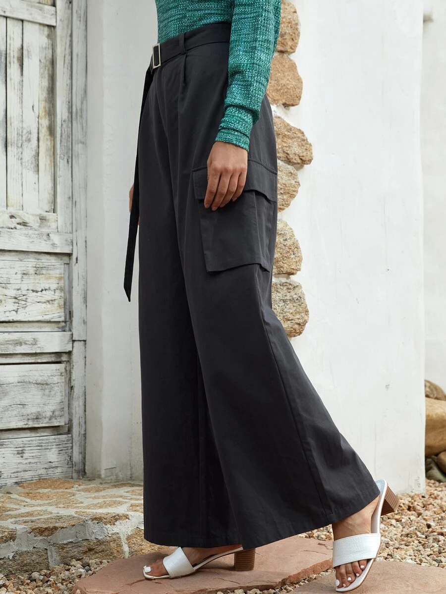 SHEIN Quần Thắt lưng Túi màu trơn Giải trí - Màu xám đen - Xem 1