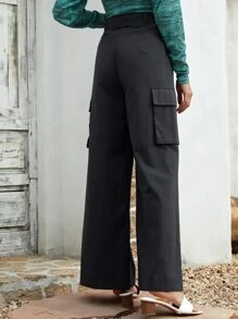 SHEIN Quần Thắt lưng Túi màu trơn Giải trí - Màu xám đen - Xem 2