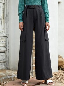 SHEIN Quần Thắt lưng Túi màu trơn Giải trí - Màu xám đen - Xem 3