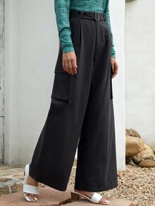 SHEIN Quần Thắt lưng Túi màu trơn Giải trí - Màu xám đen - Xem 4