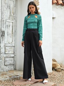 SHEIN Quần Thắt lưng Túi màu trơn Giải trí - Màu xám đen - Xem 5