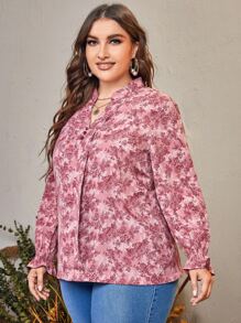 SHEIN Unity Plus Floral Print Flounce Sleeve Blouse - Redwood - View 4