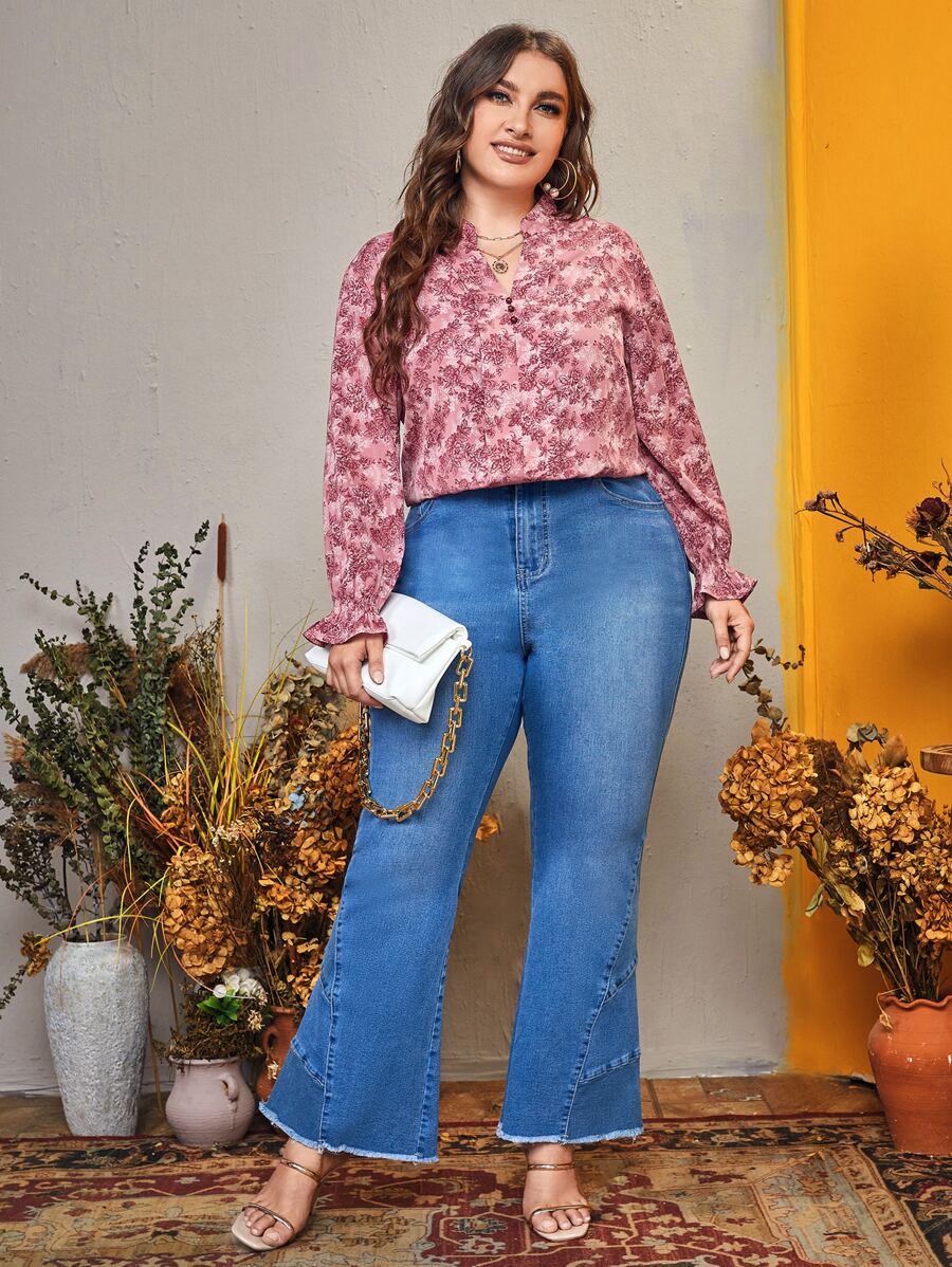 SHEIN Unity Plus Floral Print Flounce Sleeve Blouse - Redwood - View 1