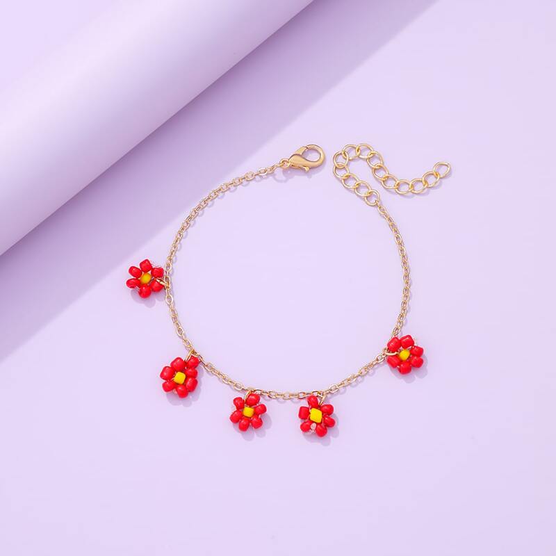 

Floral Beaded Chain Bracelet, Red