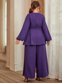 Modelyn Plus Fold Pleated Lantern Sleeve Top & Wide Leg Pants - Violet Purple - View 2