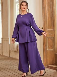 Modelyn Plus Fold Pleated Lantern Sleeve Top & Wide Leg Pants - Violet Purple - View 3