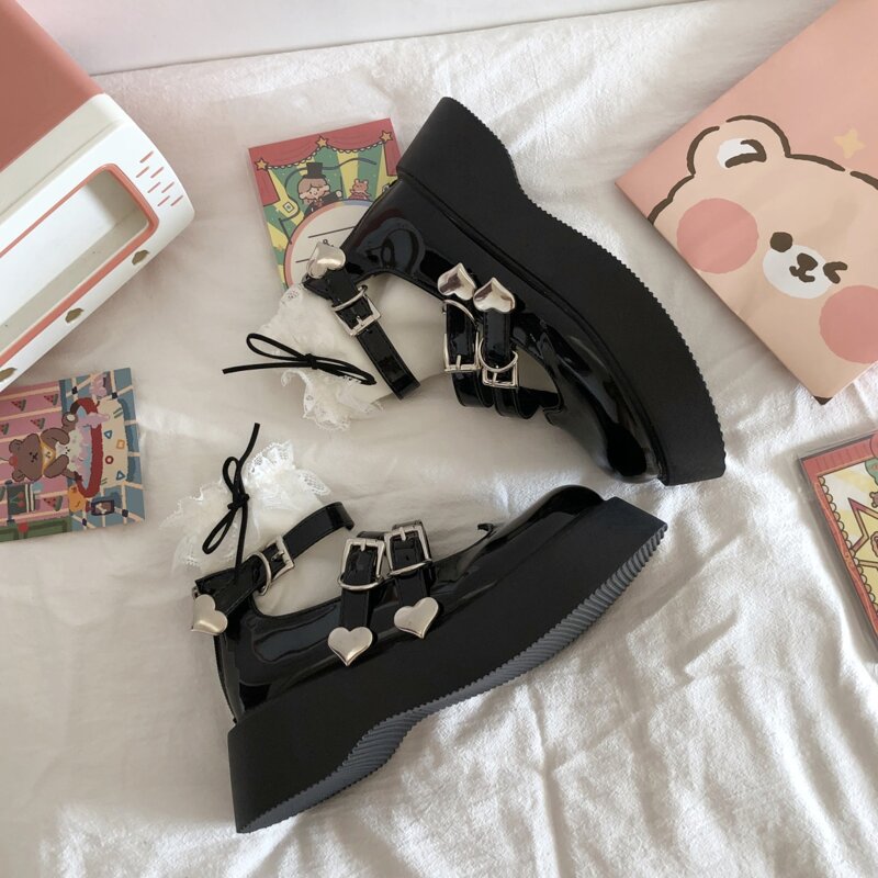 

Heart Decor Flatform Mary Janes, Black