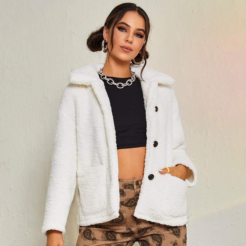 

Drop Shoulder Pocket Front Teddy Coat, White