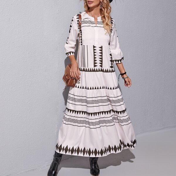 

Geo Print Notch Neck A Line Dress, Beige