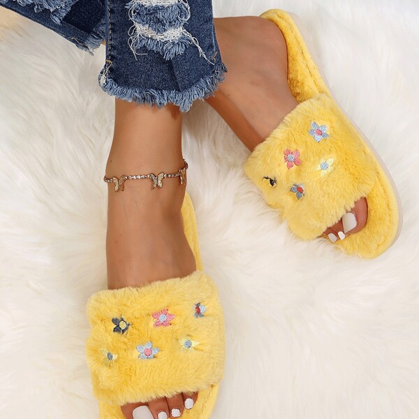 

Floral Embroidery Fluffy Home Slippers, Yellow