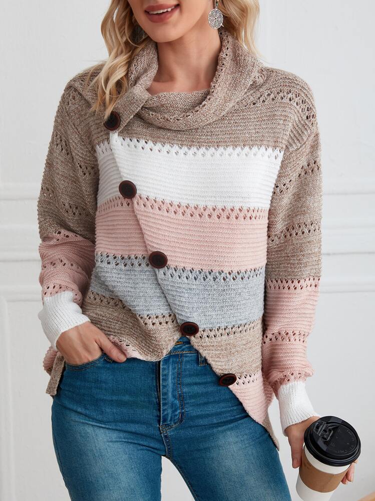 EMERY ROSE Suéter de punto con bloqueo de color, jersey de otoño e invierno - Multicolor - Añade 1