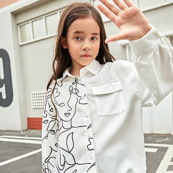 

Girls Figure Graphic Drop Shoulder Asymmetrical Hem Blouse, White