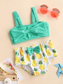 女嬰鳳梨印花蝴蝶結裝飾連體泳衣 - 綠色 - 查看 1