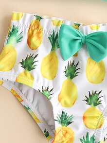 女嬰鳳梨印花蝴蝶結裝飾連體泳衣 - 綠色 - 查看 3