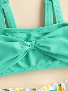 女嬰鳳梨印花蝴蝶結裝飾連體泳衣 - 綠色 - 查看 4