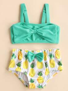 女嬰鳳梨印花蝴蝶結裝飾連體泳衣 - 綠色 - 查看 5