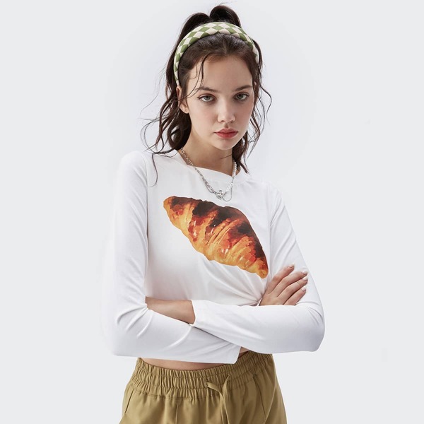 

Round Neck Croissant Print Tee, Multicolor