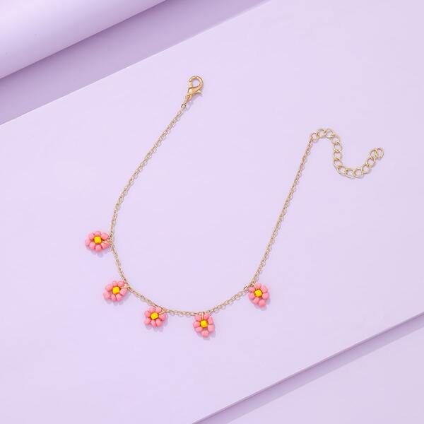 

Beaded Flower Decor Anklet, Pink