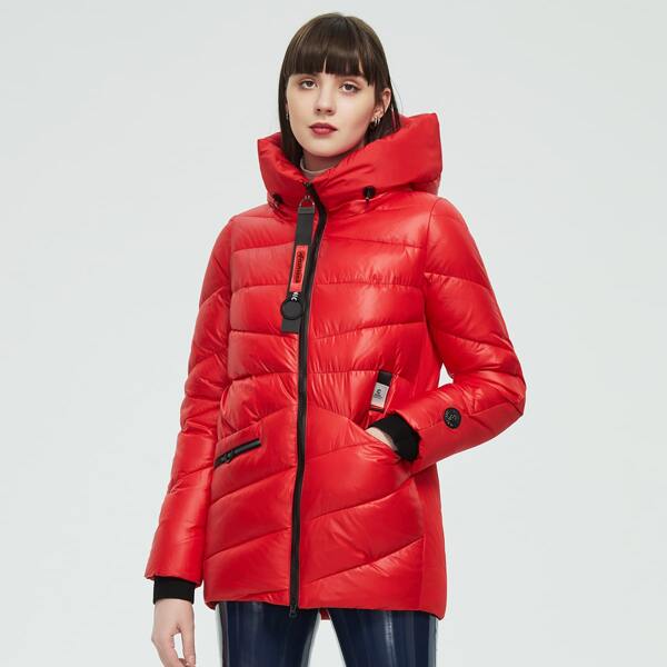 

Colorblock Zip Up Patched Detail Tape Hooded Winter Coat, Red