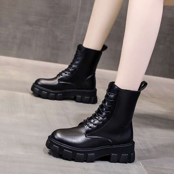 

Lace-up Front Chunky Combat Boots, Black