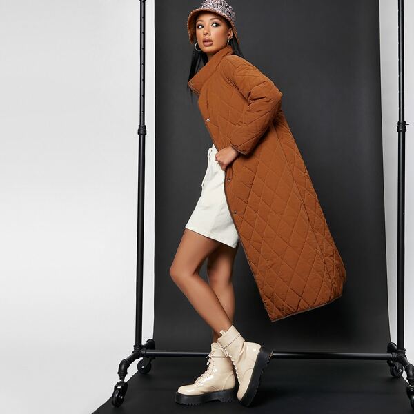 

Drop Shoulder Pocket Front Argyle Quilted Coat, Coffee brown
