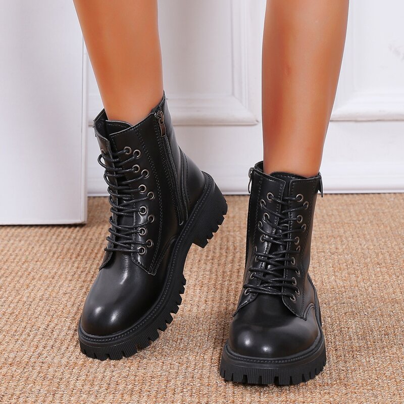 

Lace Up Design Side Zipper Chunky Combat Boots, Black