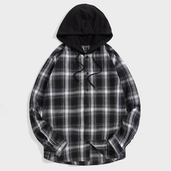 

Men Tartan Drawstring Hooded Shirt, Black and white