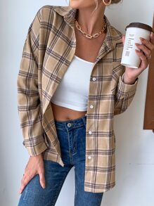 格紋印花前紐扣襯衫 - 彩色 - 查看 1