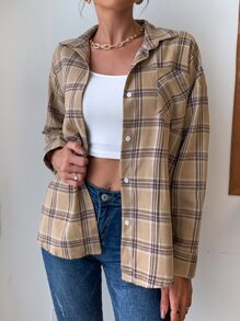 格紋印花前紐扣襯衫 - 彩色 - 查看 3