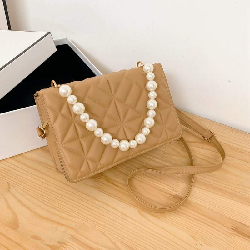 

Faux Pearl Beaded Satchel Bag, Khaki