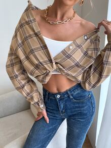 格紋印花前紐扣襯衫 - 彩色 - 查看 4