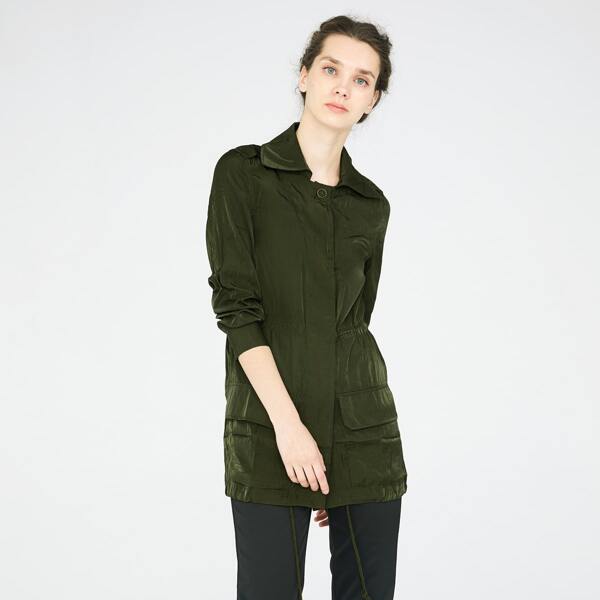 

Flap Pocket Drawstring Hem Trench Coat, Dark green