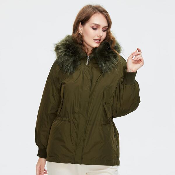 

Plus Drawstring Waist Parka Winter Coats, Army green