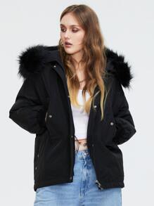 Áo khoác mùa đông Plus Size Dây kéo Túi Nhẫn Nút phía trước màu trơn Giải trí - màu đen - Xem 1