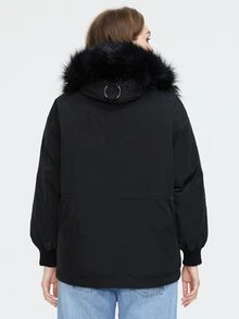 Áo khoác mùa đông Plus Size Dây kéo Túi Nhẫn Nút phía trước màu trơn Giải trí - màu đen - Xem 2