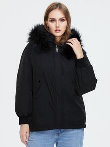 Áo khoác mùa đông Plus Size Dây kéo Túi Nhẫn Nút phía trước màu trơn Giải trí - màu đen - Xem 3