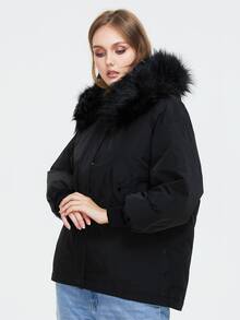 Áo khoác mùa đông Plus Size Dây kéo Túi Nhẫn Nút phía trước màu trơn Giải trí - màu đen - Xem 4