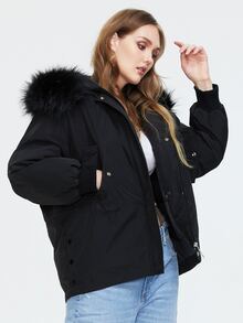 Áo khoác mùa đông Plus Size Dây kéo Túi Nhẫn Nút phía trước màu trơn Giải trí - màu đen - Xem 6