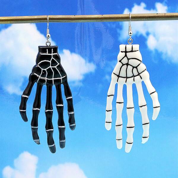 

Skeleton Hand Drop Earrings, Black and white