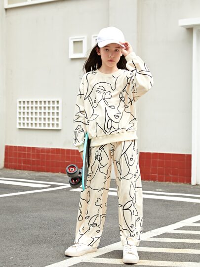 SHEIN 青少年女孩圖案下垂肩運動衫和褲子