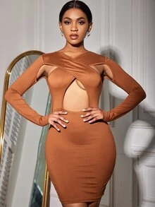 Slaydiva 鏤空交叉圍裹緊身連衣裙 - 棕色 - 查看 3