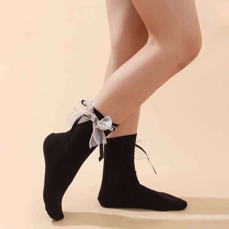 

Mesh Bow Decor Crew Socks, Black