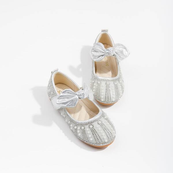 

Toddler Girls Bow & Rhinestone Decor Velcro Strap Flats, Silver