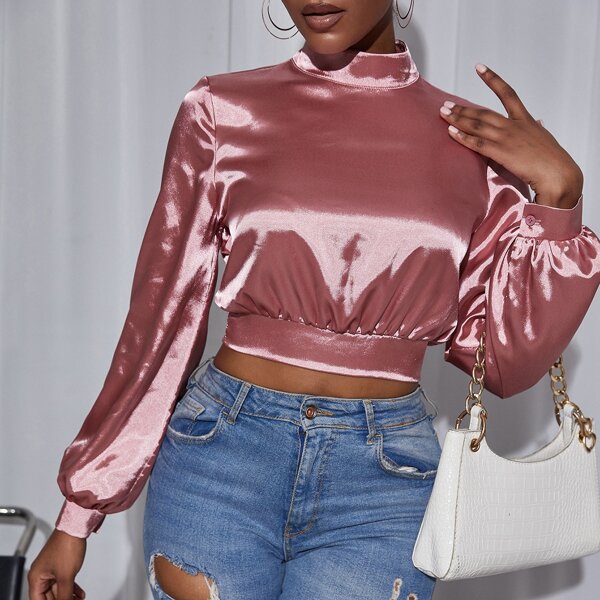 

Ruffle Trim Tie Backless Satin Crop Top, Dusty pink