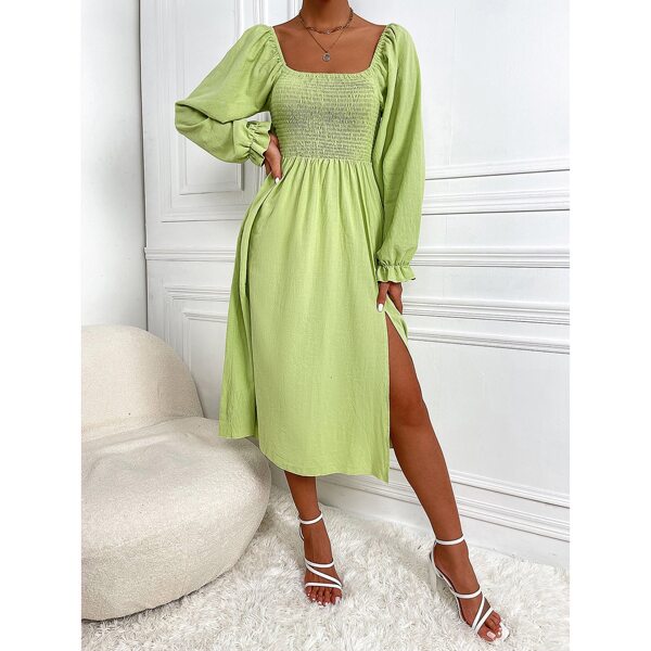 

Shirred Flounce Sleeve Split Thigh Dress, Lime green
