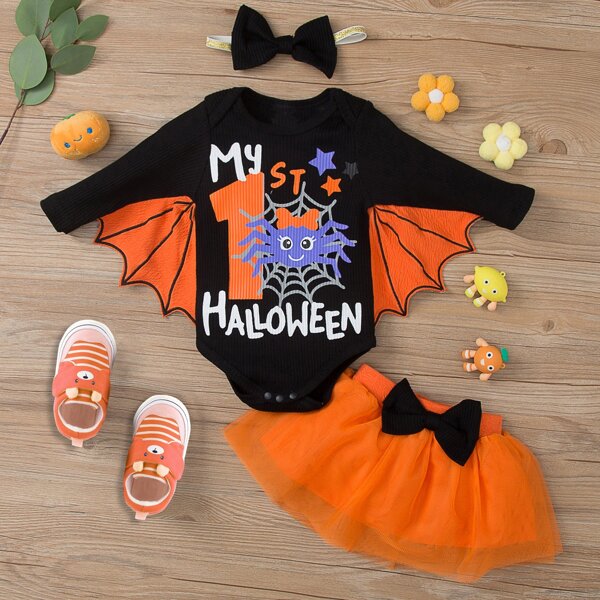 

Baby Spiderweb Print Halloween Bat Costume Bodysuit & Skirt & Headband, Multicolor