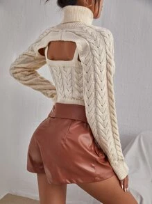 SHEIN BAE 麻花編織吊帶上衣和高領超短版套頭毛衣 - 杏色 - 查看 2