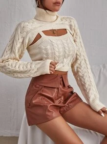 SHEIN BAE 麻花編織吊帶上衣和高領超短版套頭毛衣 - 杏色 - 查看 3